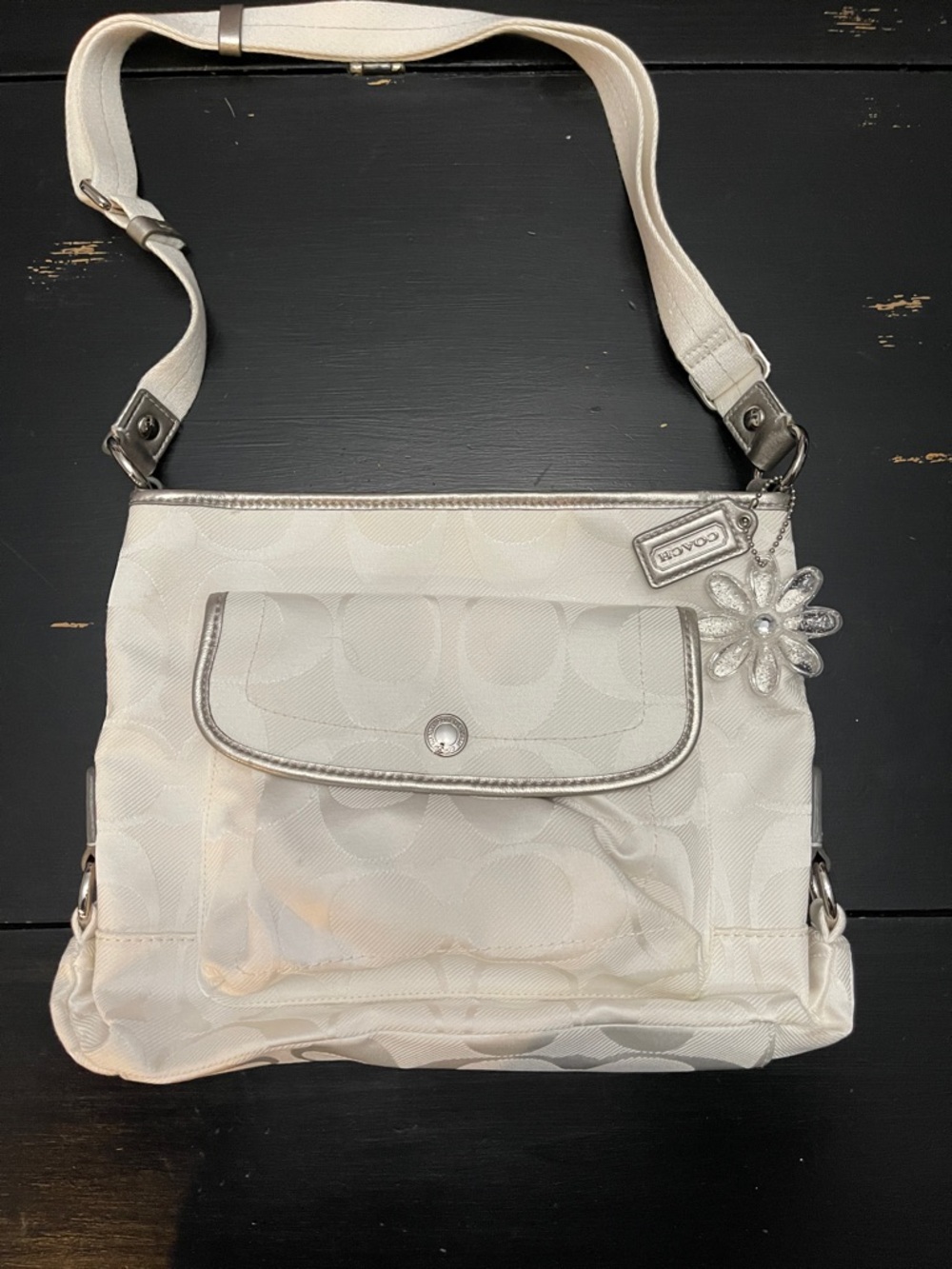 Coach Cream Signature Canvas Shoulder Bag with Silver Accents and Flower Charm